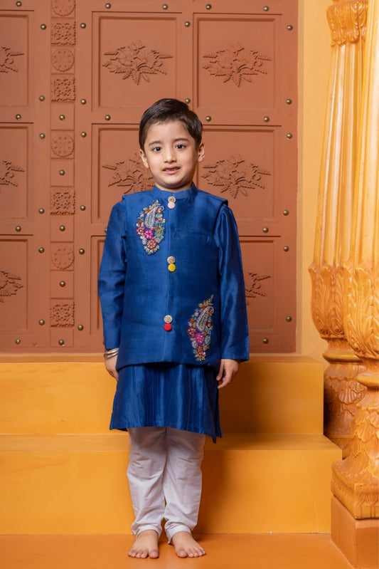 Blue Floral Embroidered Sleeveless Top With Palazzo & Pin Tuck Detailed Kurta With Embroidered Jacket And Pyjama - Kirti Agarwal