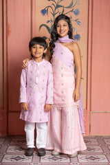 Blush pink embroidered sharara set & embroidered kurta with white churidar - Kirti Agarwal
