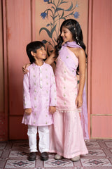 Blush pink embroidered sharara set & embroidered kurta with white churidar - Kirti Agarwal