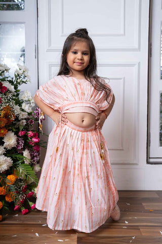 Blush Pink Lehenga Choli with Golden Embroidery and Floral Tassels for Kids - Kirti Agarwal