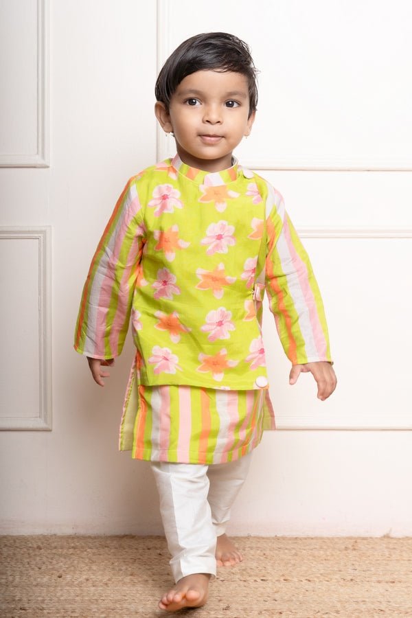 Bright lime green floral printed kurta with off - white pants, a fun and vibrant choice for your little one’s festive wardrobe - Kirti Agarwal