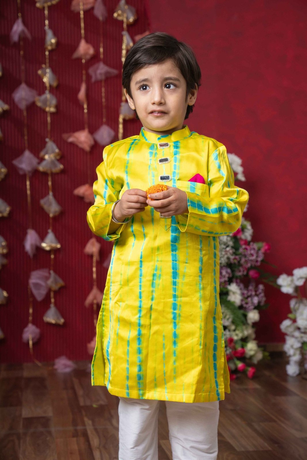 Bright Yellow Kurta Set with Turquoise Accents and Red Pocket Square - Kirti Agarwal