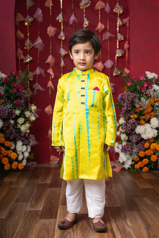 Bright Yellow Kurta Set with Turquoise Accents and Red Pocket Square - Kirti Agarwal