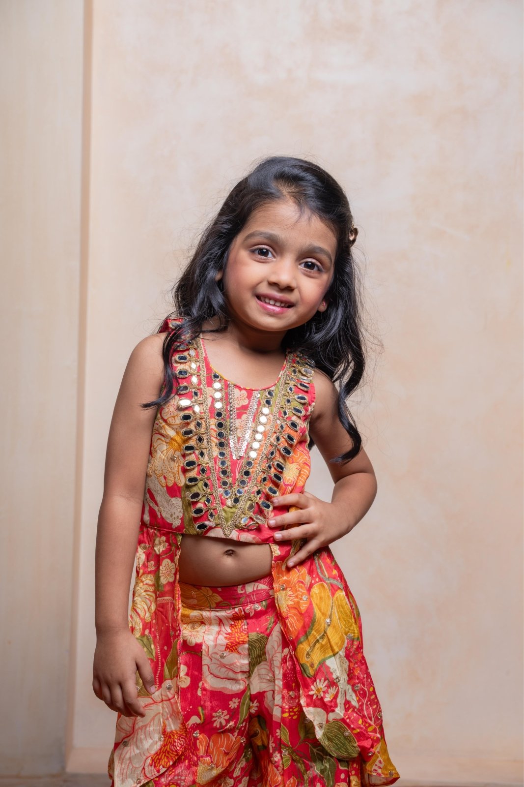 Brighten every festive moment with this embroidered Crepe Chinnon top and floral brocade palazzo set — perfect for your little fashionista - Kirti Agarwal
