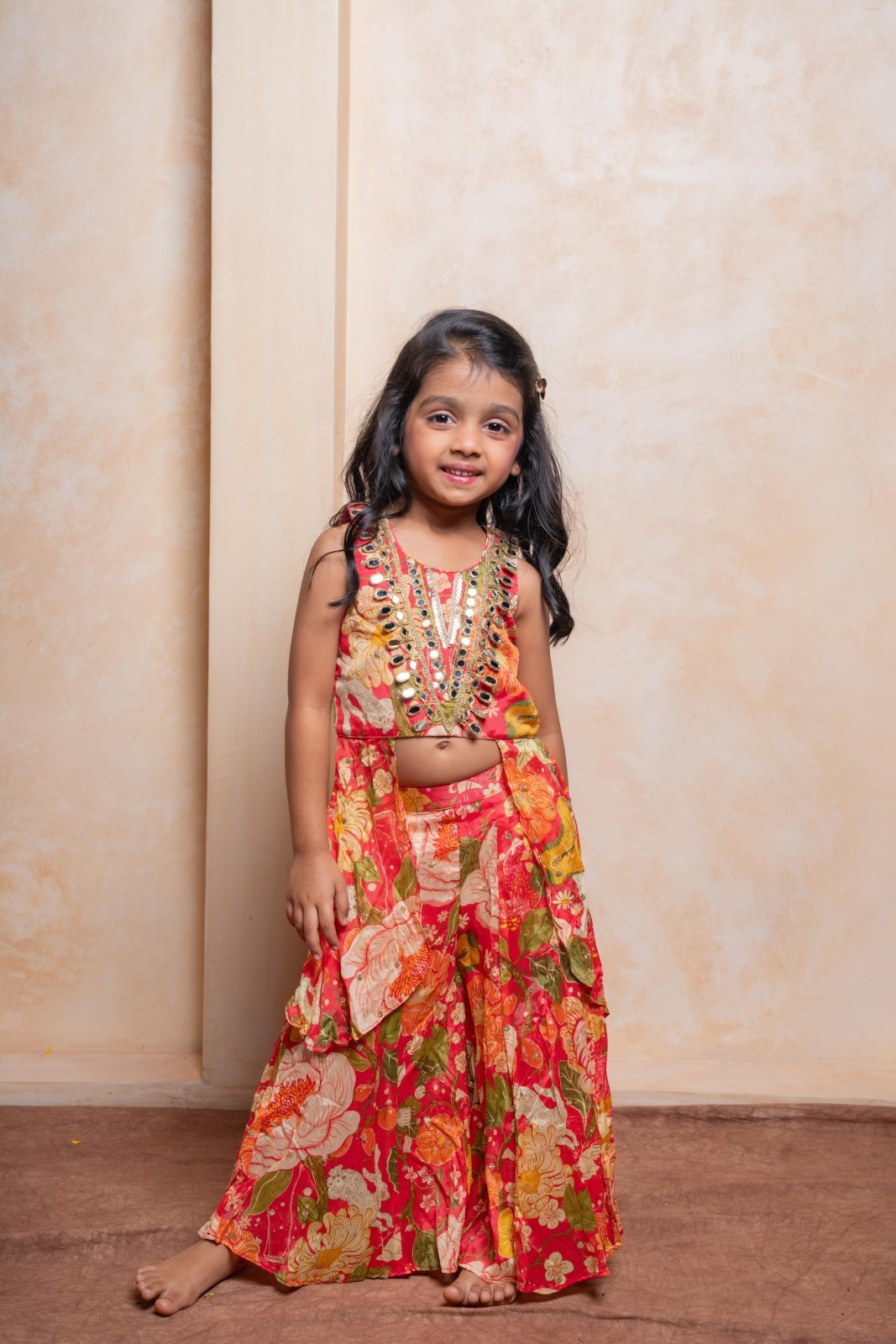 Brighten every festive moment with this embroidered Crepe Chinnon top and floral brocade palazzo set — perfect for your little fashionista - Kirti Agarwal