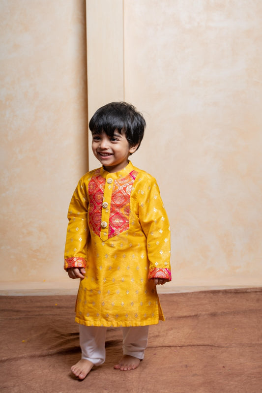 Brocade Top With Lehenga And Dupatta & Yellow Sheen Brocade Silk Kurta With Pyjama - Kirti Agarwal