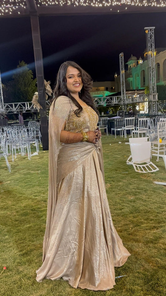 Champagne Gold Crop Top Lehenga with Draped Dupatta - Kirti Agarwal