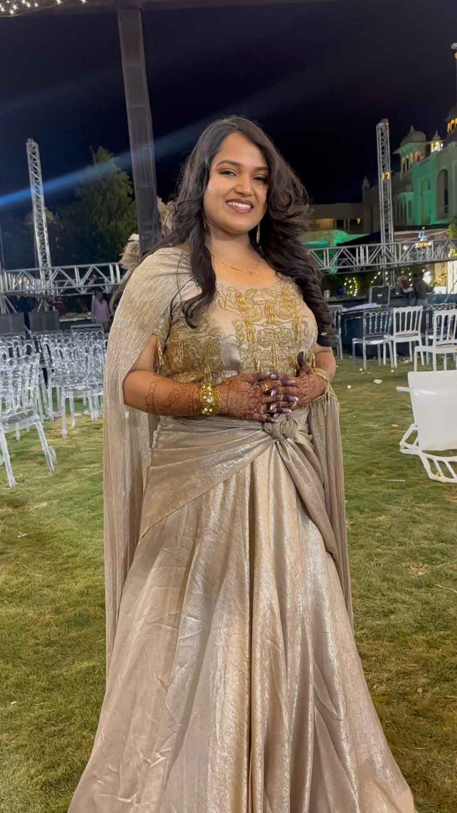 Champagne Gold Crop Top Lehenga with Draped Dupatta - Kirti Agarwal
