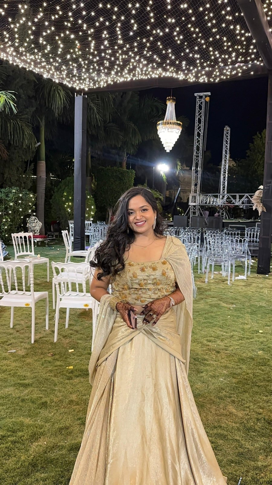 Champagne Gold Crop Top Lehenga with Draped Dupatta - Kirti Agarwal