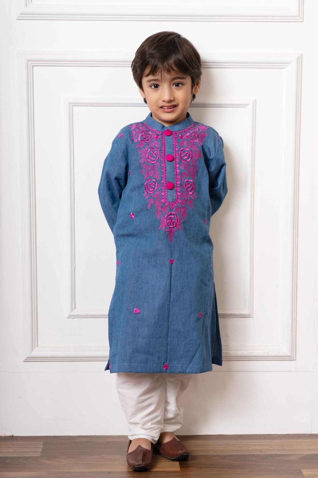 Charming Blue Soft Denim Kurta with Vibrant Pink Embroidery and White Pants – Perfect for Weddings, Festive Celebrations, and Traditional Events - Kirti Agarwal