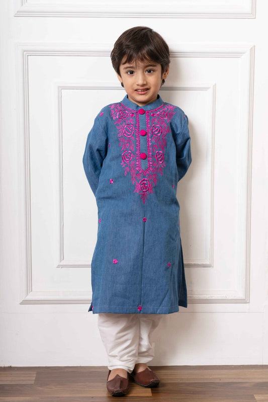 Charming Blue Soft Denim Kurta with Vibrant Pink Embroidery and White Pants – Perfect for Weddings, Festive Celebrations, and Traditional Events - Kirti Agarwal