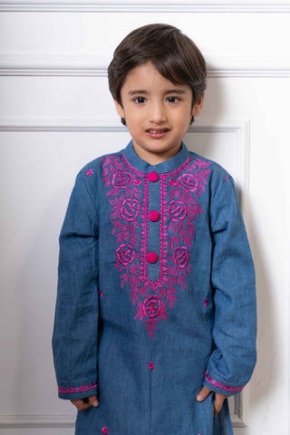 Charming Blue Soft Denim Kurta with Vibrant Pink Embroidery and White Pants – Perfect for Weddings, Festive Celebrations, and Traditional Events - Kirti Agarwal