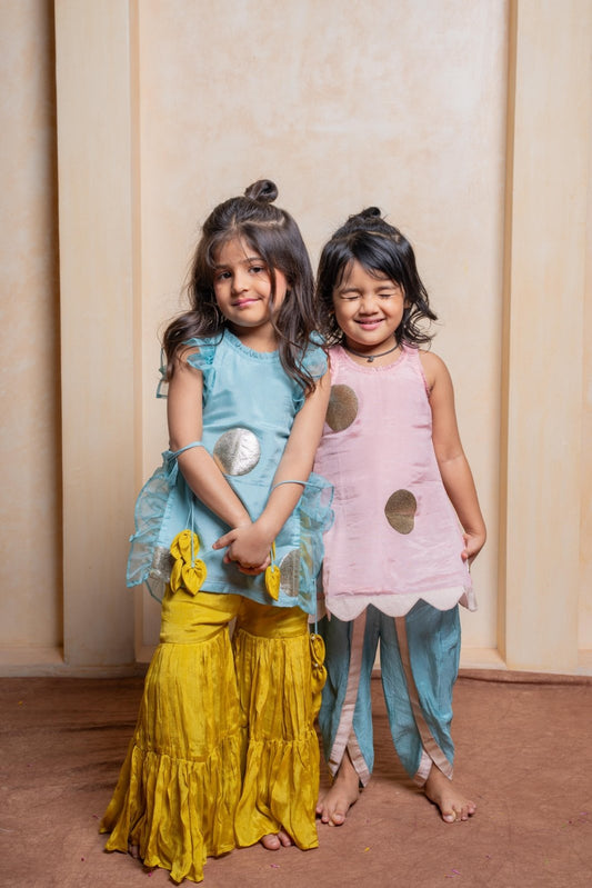 Charming crepe kurti with silk dhoti pants & Let your little diva shine in this trendy crepe tunic and chiffon sharara set - Kirti Agarwal