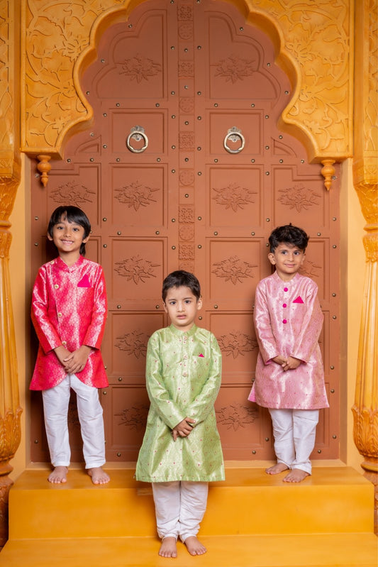 Charming green silk kurta with white churidar & Make your little prince shine in this vibrant pink designer kurta pajama & Elegant pink silk kurta with white churidar - Kirti Agarwal