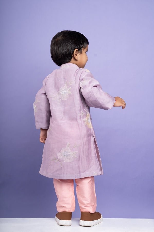 Charming lavender kurta with delicate floral embroidery paired with Peach pants, perfect for festive occasions - Kirti Agarwal