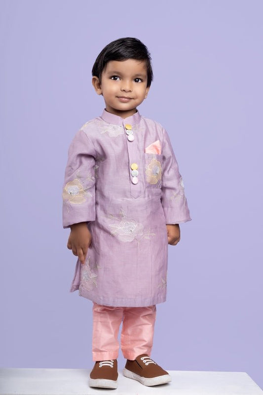 Charming lavender kurta with delicate floral embroidery paired with Peach pants, perfect for festive occasions - Kirti Agarwal