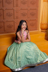 Charming silk and organza satin lehenga set for girls with pink mirror - work halter top and green woven flare skirt – perfect kids ethnic wear for weddings and festive occasions - Kirti Agarwal