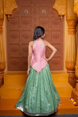 Charming silk and organza satin lehenga set for girls with pink mirror - work halter top and green woven flare skirt – perfect kids ethnic wear for weddings and festive occasions - Kirti Agarwal