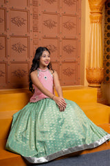 Charming silk and organza satin lehenga set for girls with pink mirror - work halter top and green woven flare skirt – perfect kids ethnic wear for weddings and festive occasions - Kirti Agarwal