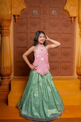 Charming silk and organza satin lehenga set for girls with pink mirror - work halter top and green woven flare skirt – perfect kids ethnic wear for weddings and festive occasions - Kirti Agarwal