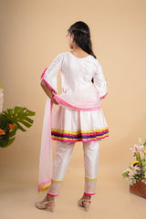 Charming white kurta set with colorful scalloped details and floral embroidery, perfect for festive occasions - Kirti Agarwal