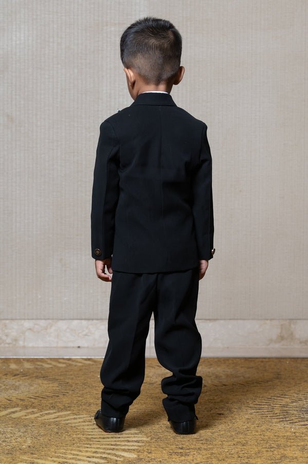 Classic black blazer with a champagne metallic-textured lapel