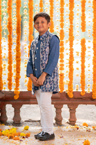 Dark Blue Chanderi Kurta with Jacket and Chudidar - Kirti Agarwal