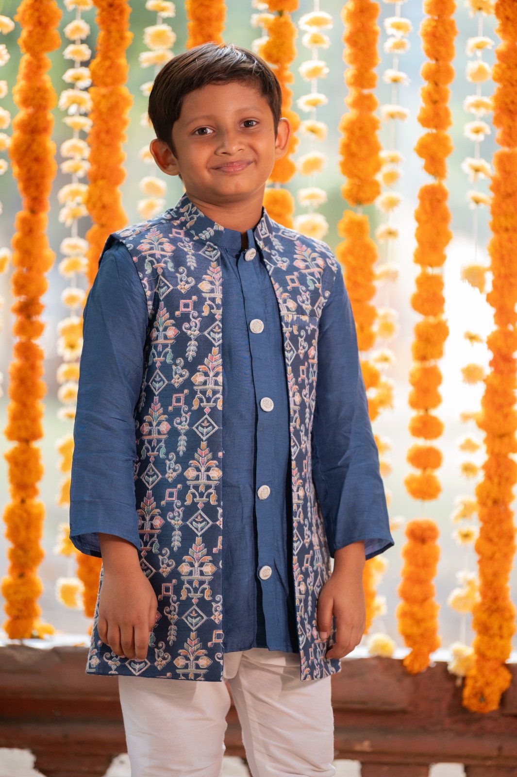 Dark Blue Chanderi Kurta with Jacket and Chudidar - Kirti Agarwal