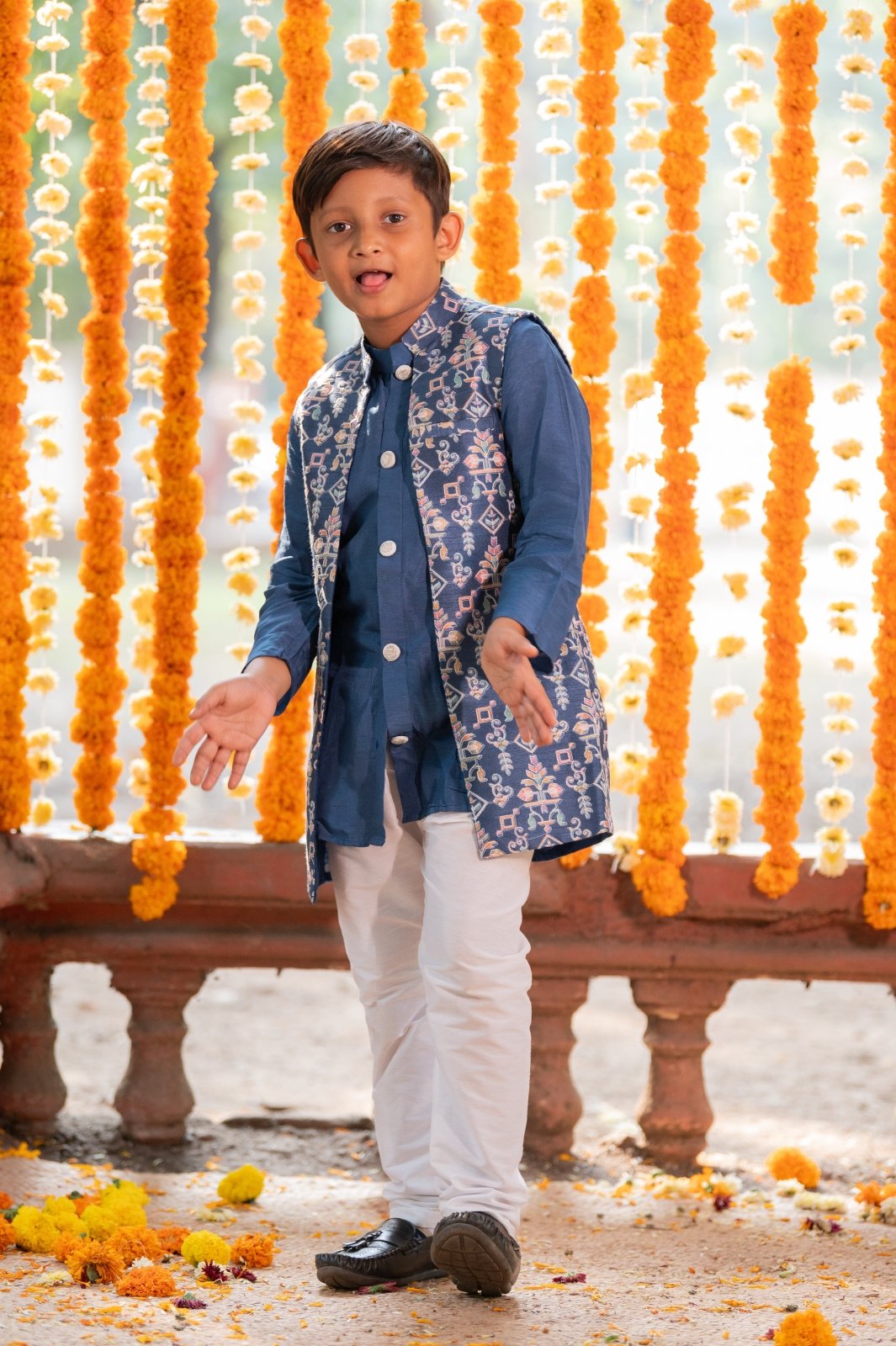 Dark Blue Chanderi Kurta with Jacket and Chudidar - Kirti Agarwal