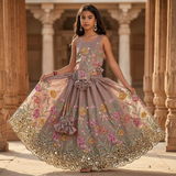 Dusty Old Rose Tissue Silk Top with Floral Embroidery & Elegant Elasticated Lehenga.