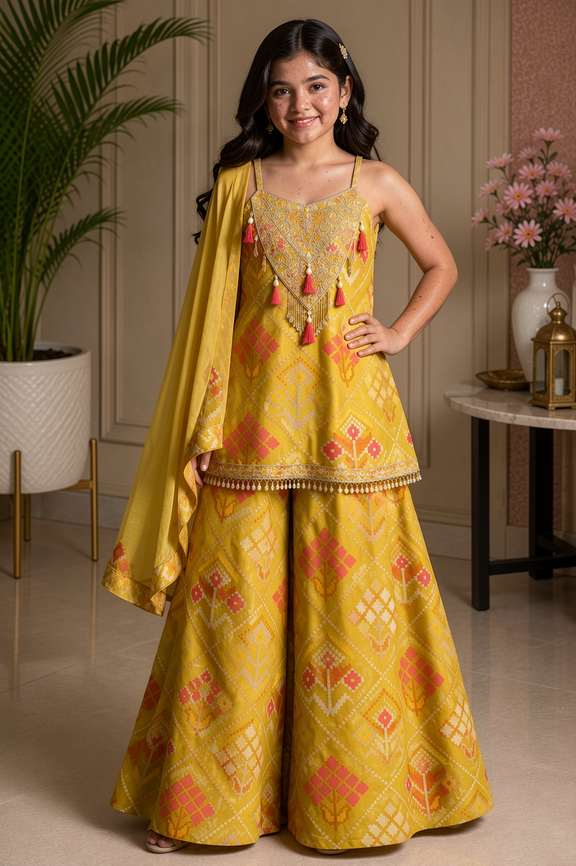 Elegant Green Hand work Silk Kurta Set with Flared Palazzo & Organza Dupatta