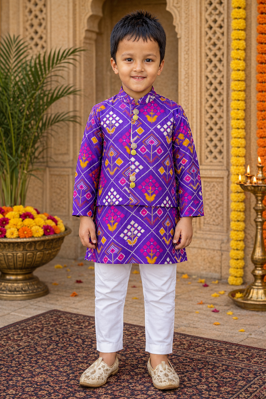 Boys Purple Silk Kurta Set with Jacket & White Elasticated Pyjama