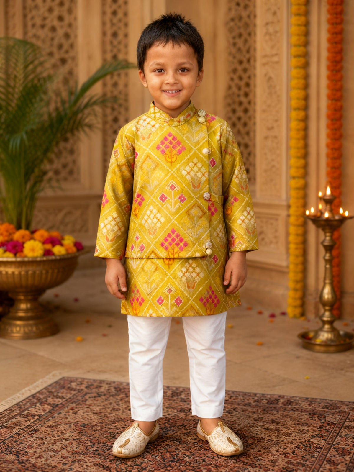Green Silk Kurta Set with Attached Jacket & White Elasticated Pyjama