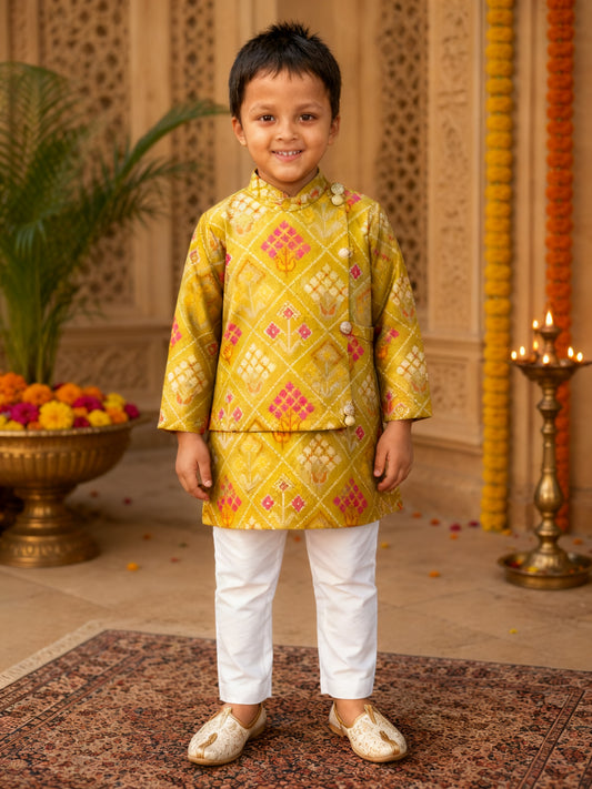 Green Silk Kurta Set with Attached Jacket & White Elasticated Pyjama