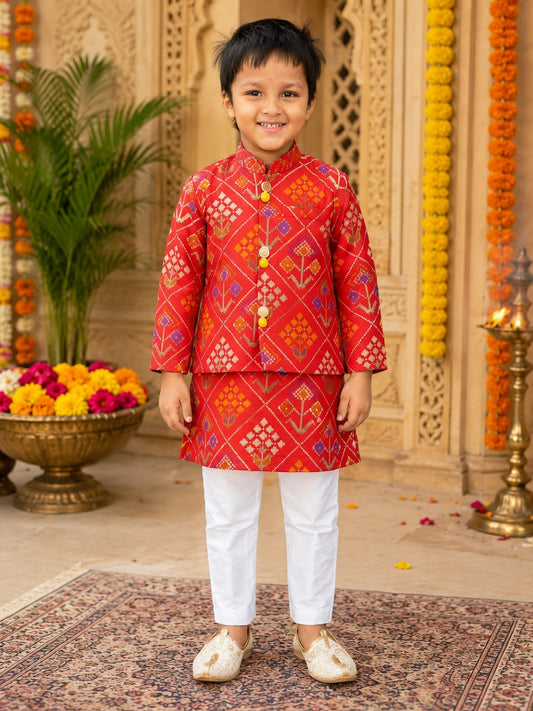 Vibrant Red Silk Kurta with Matching Jacket and White Pyjama