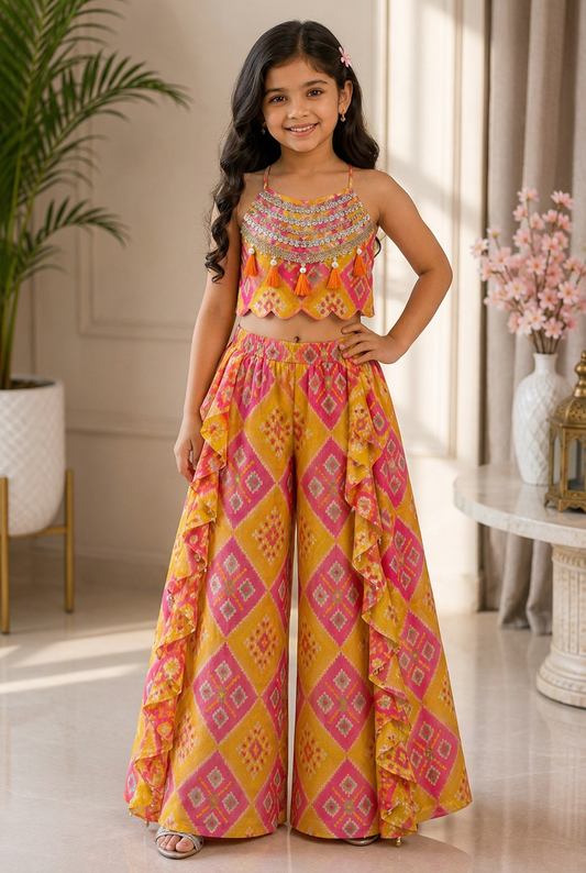 Vibrant Handcrafted Silk Crop Top with Ruffled Palazzo Set for Girls.