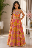 Vibrant Handcrafted Silk Crop Top with Ruffled Palazzo Set for Girls.