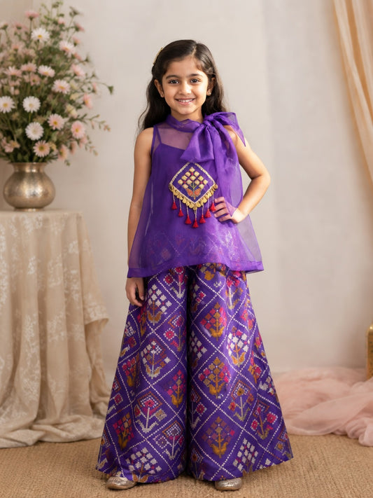 Elegant Silk & Organza Three-Piece Set with Hand-Embroidered Organza Jacket and Flared Palazzo.
