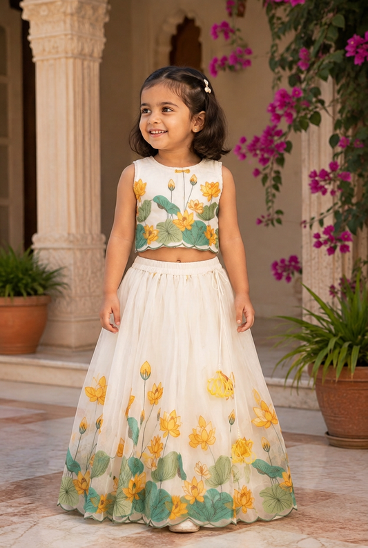 Floral Embroidered Chanderi Silk Crop Top & Lehenga Set with Handcrafted Flower Tassels