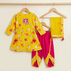 Flower Printed Kurta with Dhoti and Dupatta