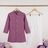 Mauve Lucknawi Print Chanderi Silk Jacket with White Elasticated Pants for Boys
