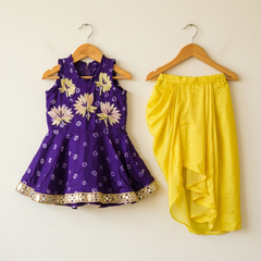 Purple Peplum Top with Golden Floral Embroidery and Yellow Dhoti Set for Kids