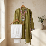 Elegant embroidered olive green kurta set with a matching dupatta| Designer Kids Ethnic Wear | Kirti Agarwal