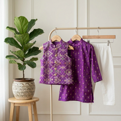 Purple Brocade Zari Kurta Set with Jacket & White Pyjama