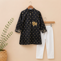 Black Brocade Kurta Set with White Pyjama