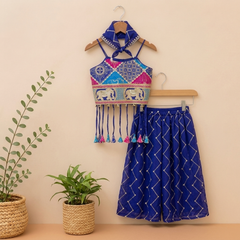 Stylish blue embroidered Georgette 3-piece set with a crop top, flowy palazzo and matching Bandhana.