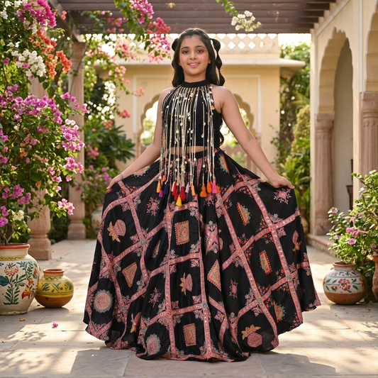 Black Embroidered Crepe Lehenga Set with Statement Pearl Tassel Top.