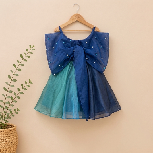 Elegant Blue Organza Frock with a Statement Bow and Delicate Embellishments.
