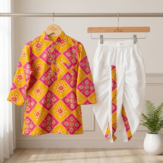 Vibrant Pink & Yellow Silk Kurta with White Elasticated Dhoti