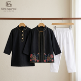 Handwork Embroidered Black Chanderi Silk Kurta Set with Jacket & White Pyjama